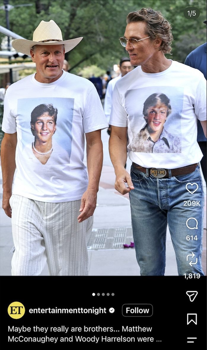 Entertainment Tonight Instagram post of Woody Harrelson and Matthew McConaughey in the Brothers yearbook-photo tees, 209K likes