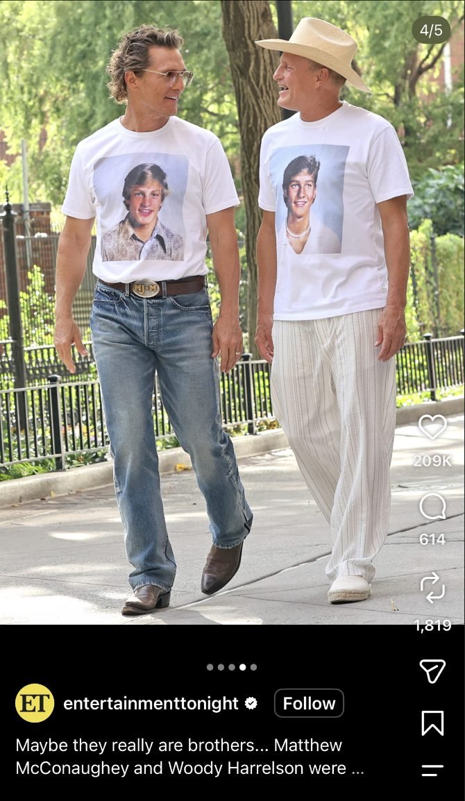 Entertainment Tonight Instagram slide of McConaughey and Harrelson walking in the tees